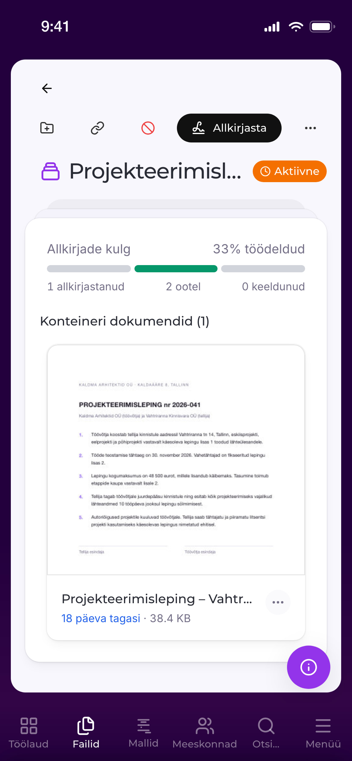 Allkiro ekraanivaade: Allkirjastamine
