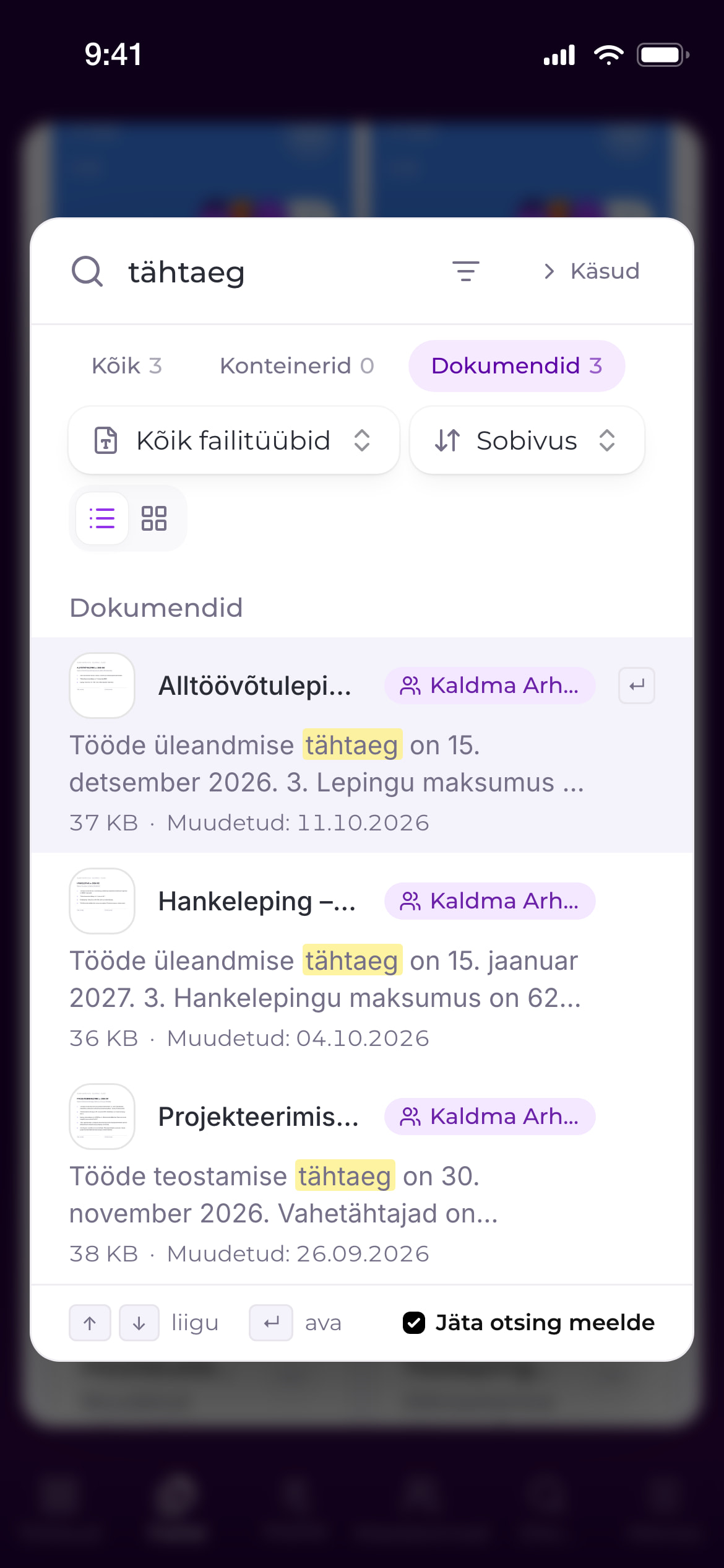 Allkiro ekraanivaade: Otsing