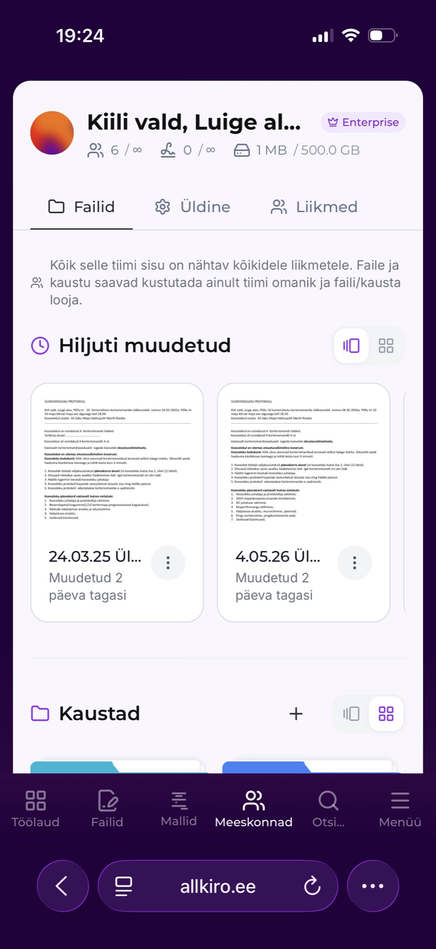 Tiimid ja jagatud tööruumid (alates Standard paketist)