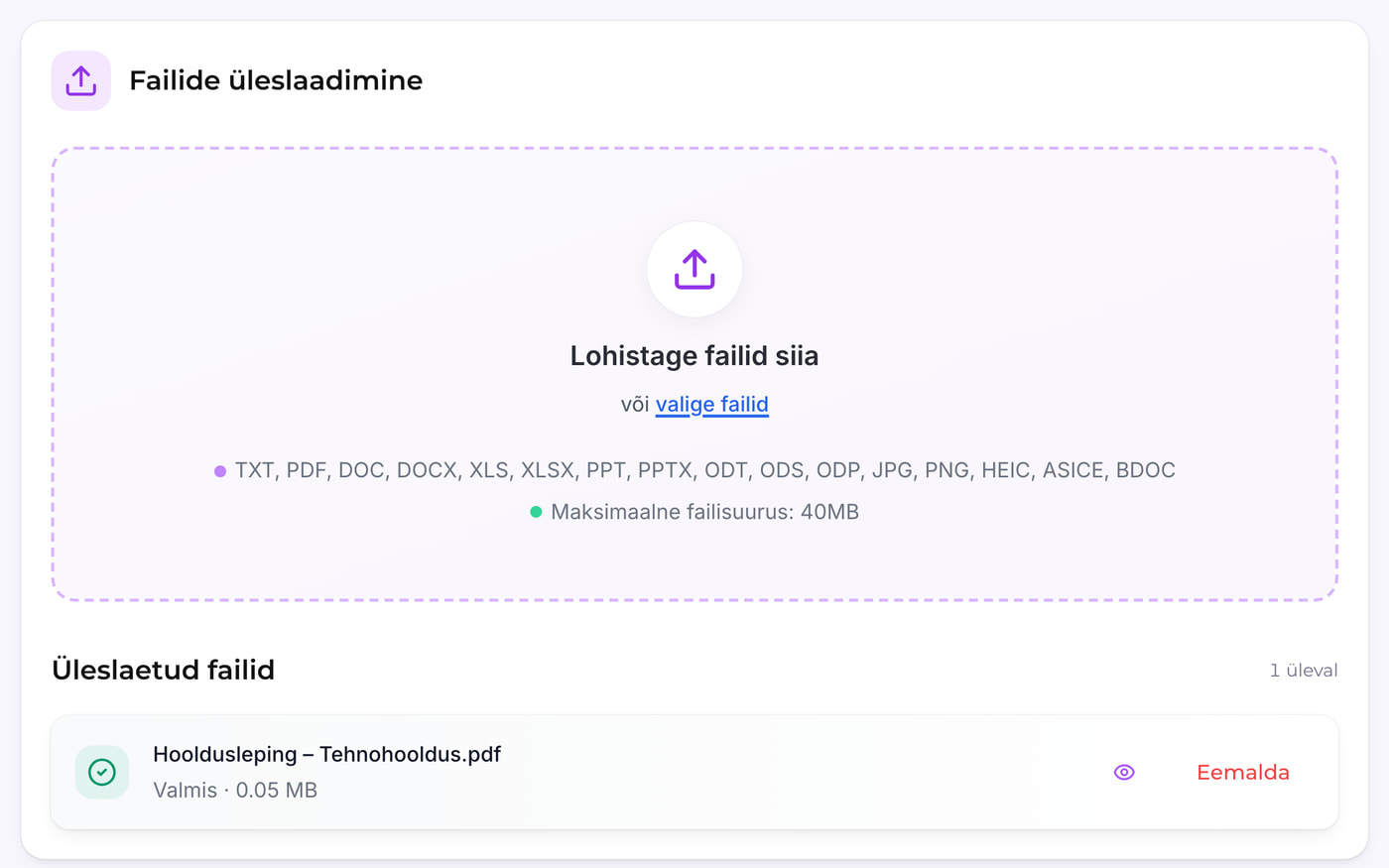 Allkiro ekraanivaade: Lae dokument üles