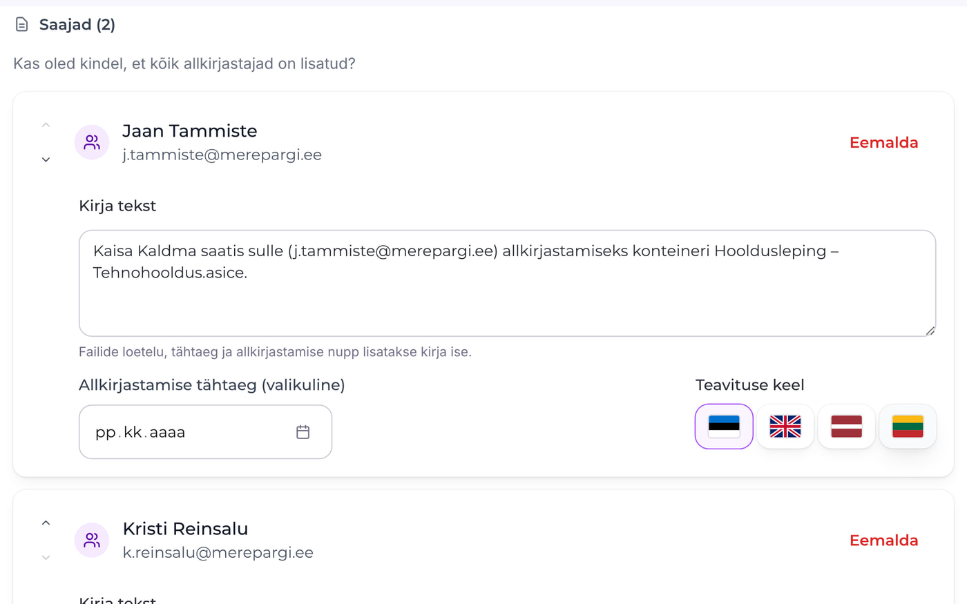 Allkiro ekraanivaade: Kutsu allkirjastajad